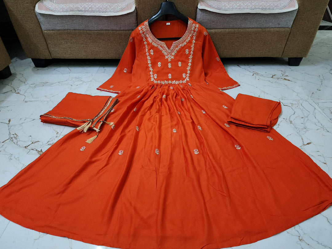 Orange Festival Rayon Kurti Set