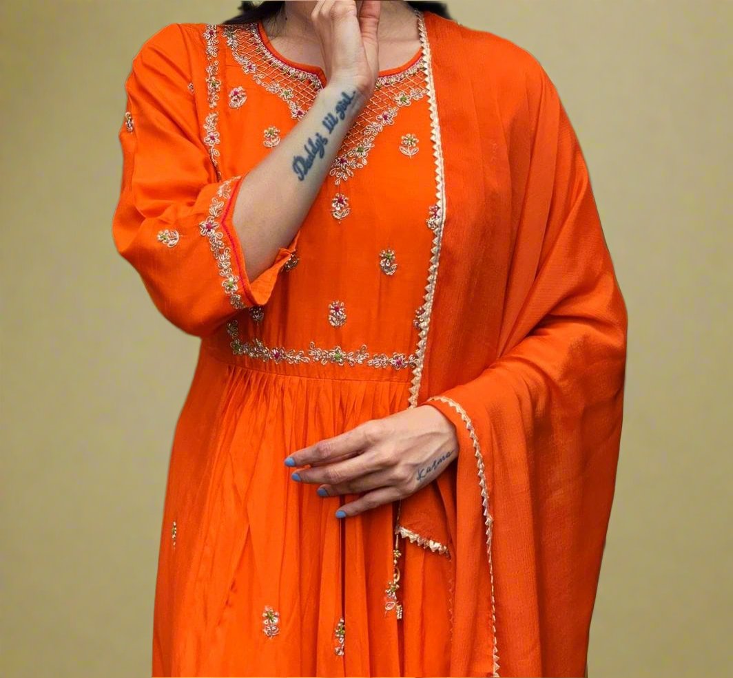 Orange Festival Rayon Kurti Set