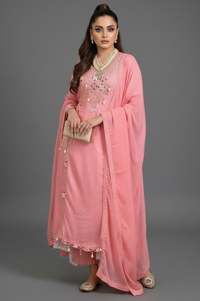 Pink Snowflakes Cotton Kurti Set