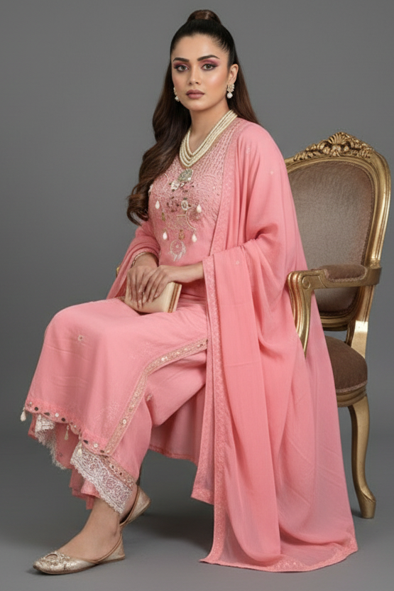 Pink Snowflakes Cotton Kurti Set