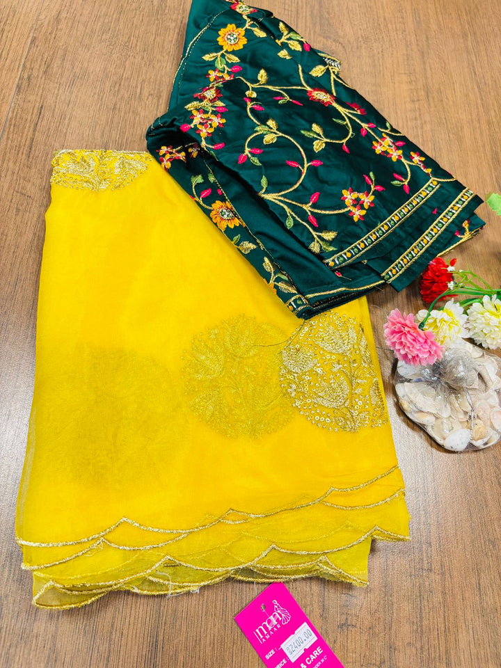 Yellow Cut work Organza Silk Saree