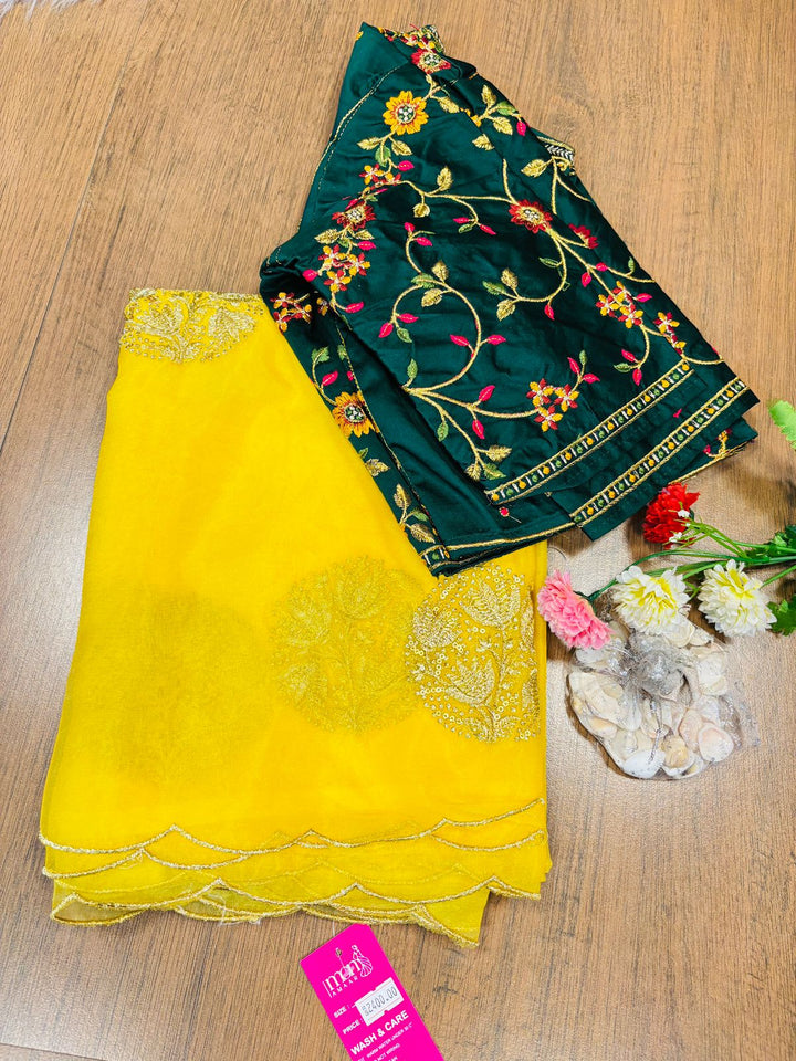 Yellow Cut work Organza Silk Saree