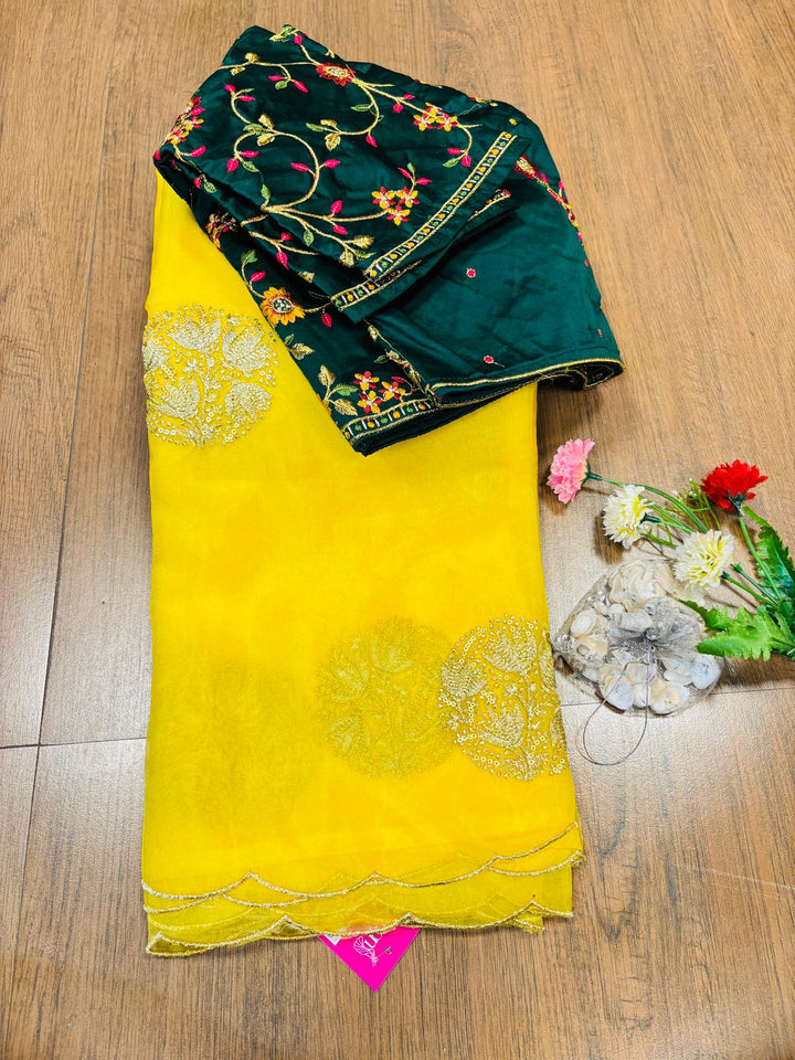 Yellow Cut work Organza Silk Saree