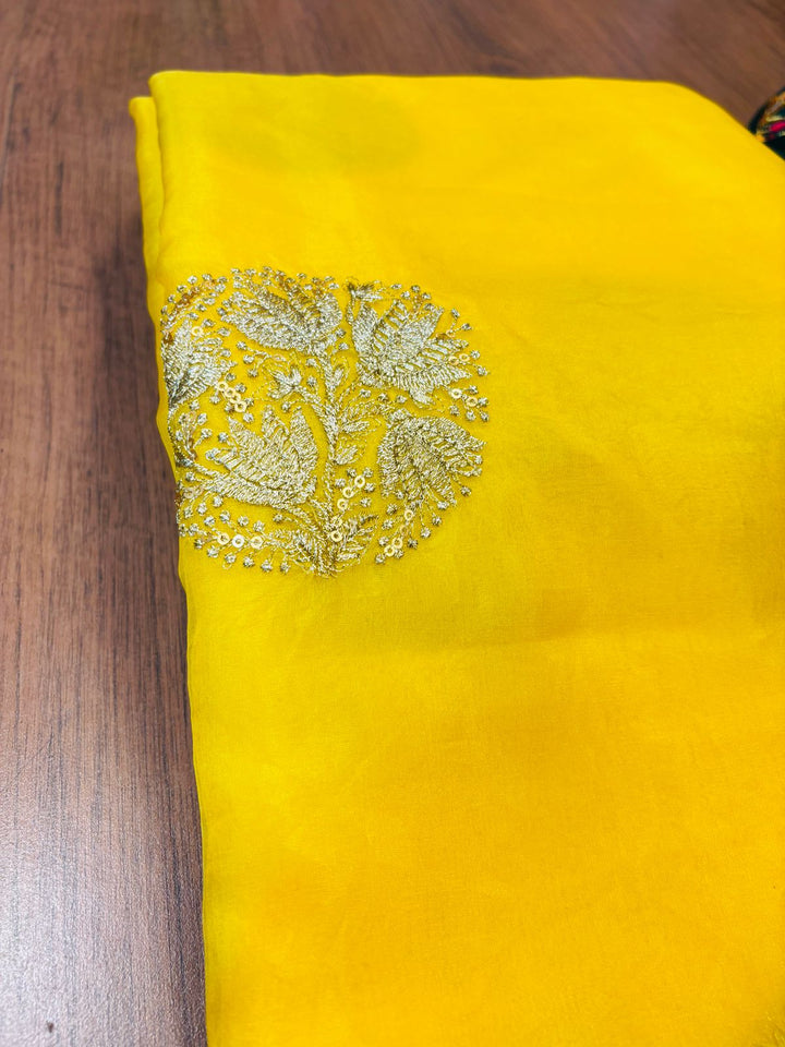 Yellow Cut work Organza Silk Saree