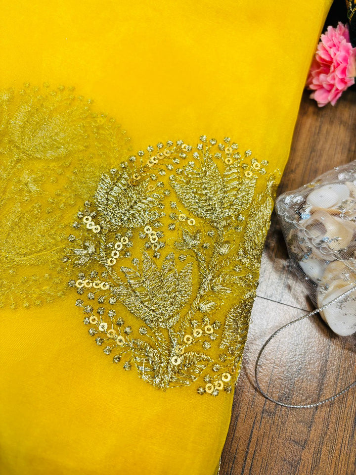 Yellow Cut work Organza Silk Saree