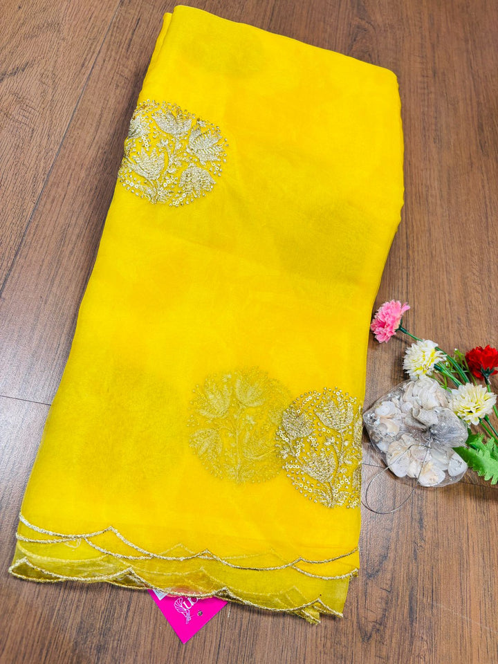 Yellow Cut work Organza Silk Saree