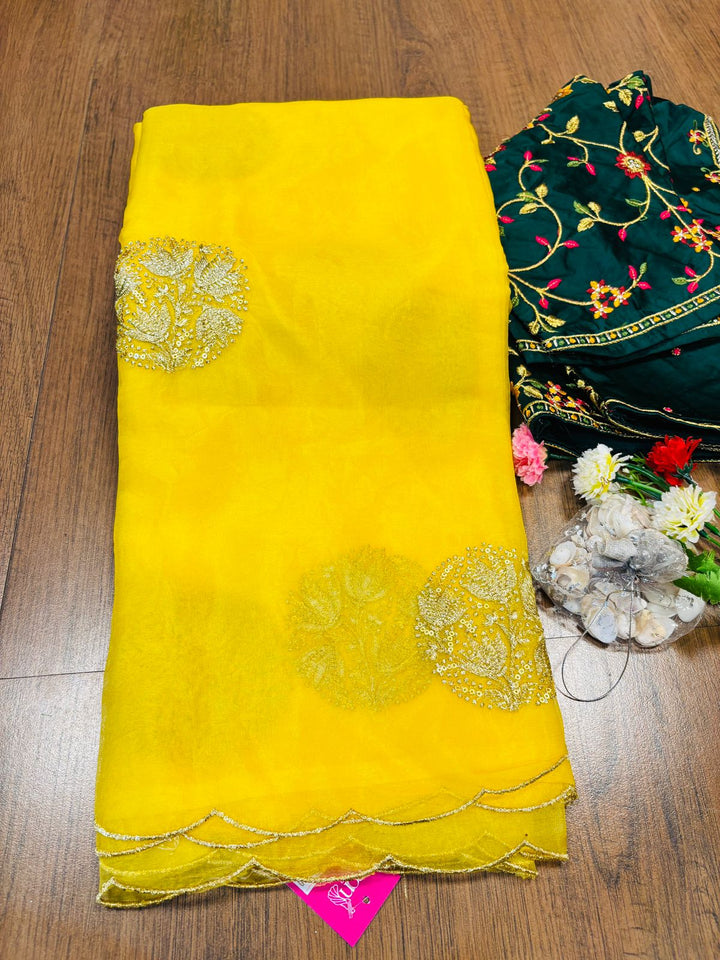 Yellow Cut work Organza Silk Saree