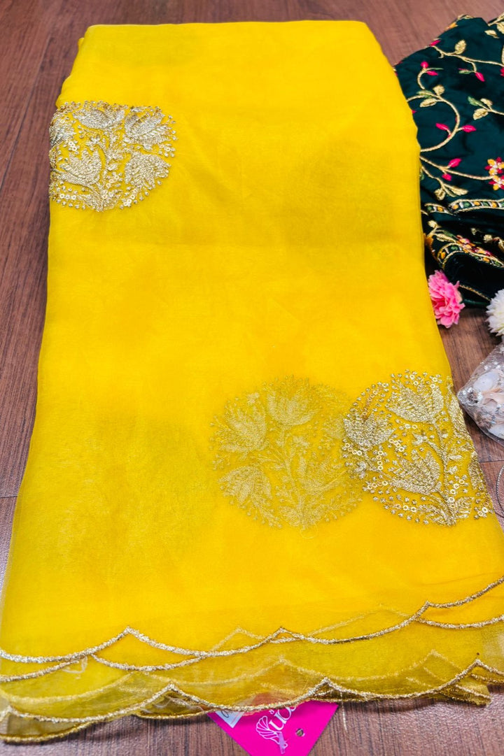 Yellow Cut work Organza Silk Saree