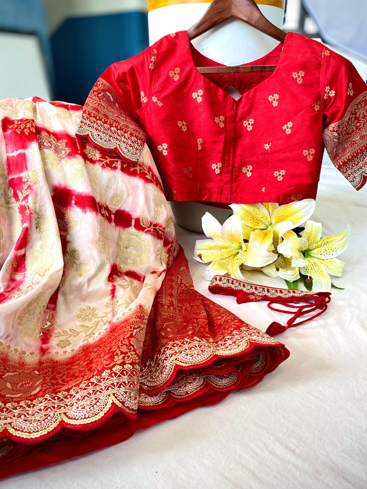 Color Of Passion White Red Banarasi Dola Silk Saree