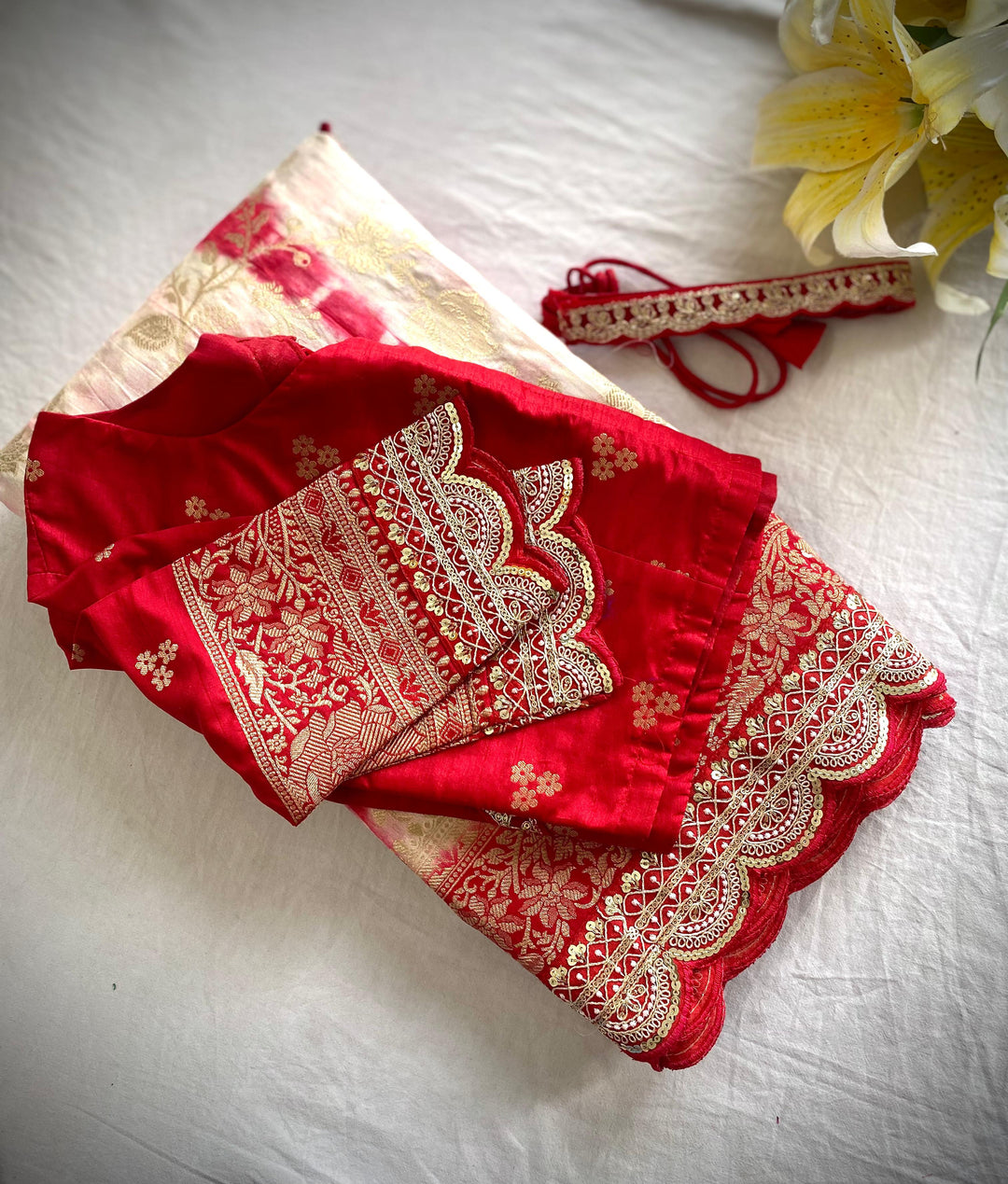 Color Of Passion White Red Banarasi Dola Silk Saree