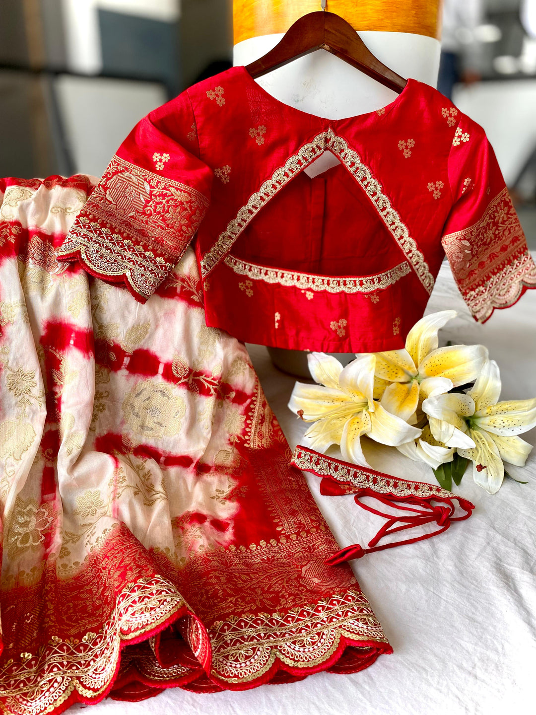 Color Of Passion White Red Banarasi Dola Silk Saree