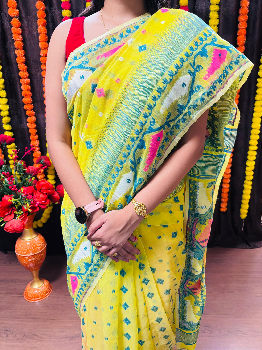 Pineapple Yellow and Dark Green Designer Ikkat Dhakai Jamdani Saree