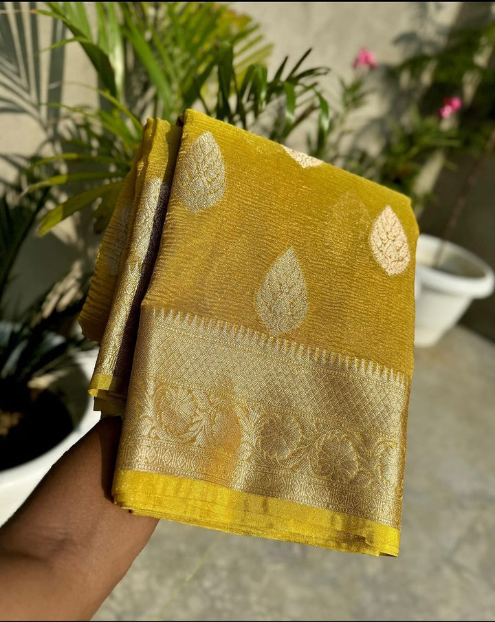 Before Sunrise Banarasi Katan Yellow Tissue Saree