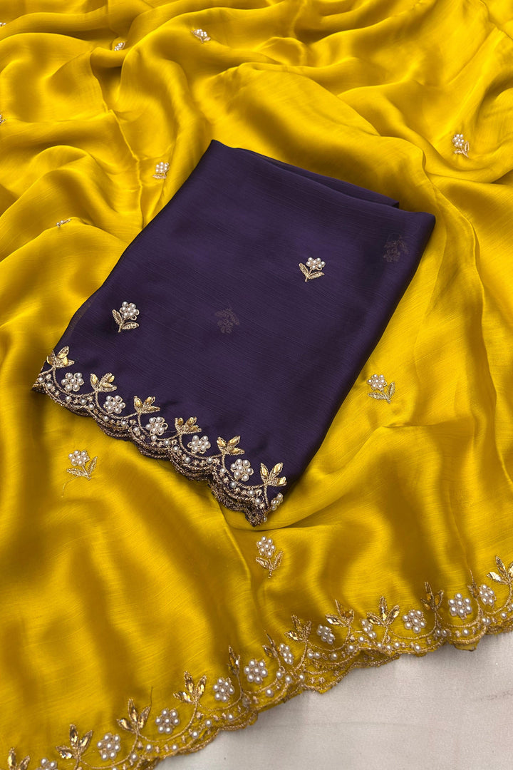 Luxurious Elegance Satin Crush Chiffon Yellow Saree