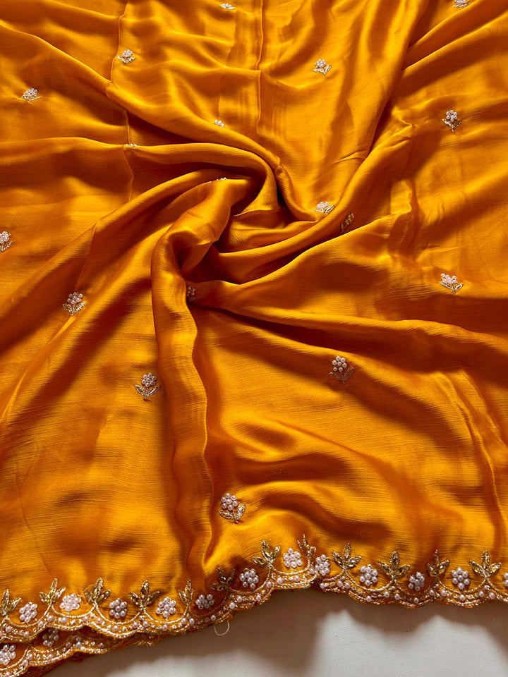 Luxurious Elegance Satin Crush Chiffon Yellow Saree