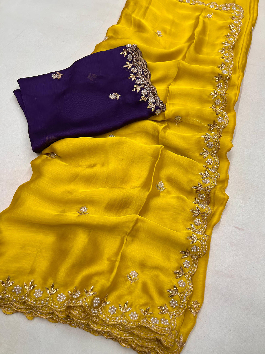 Luxurious Elegance Satin Crush Chiffon Yellow Saree