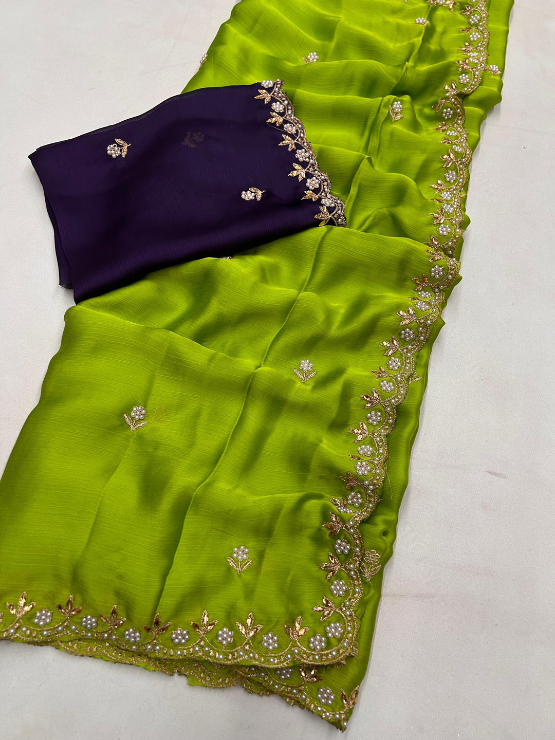 Luxurious Elegance Satin Crush Chiffon Green Saree