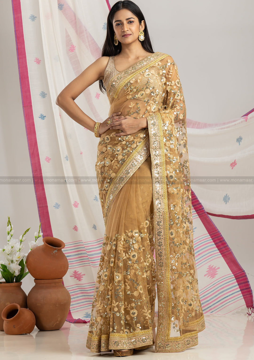 Golden Net Saree