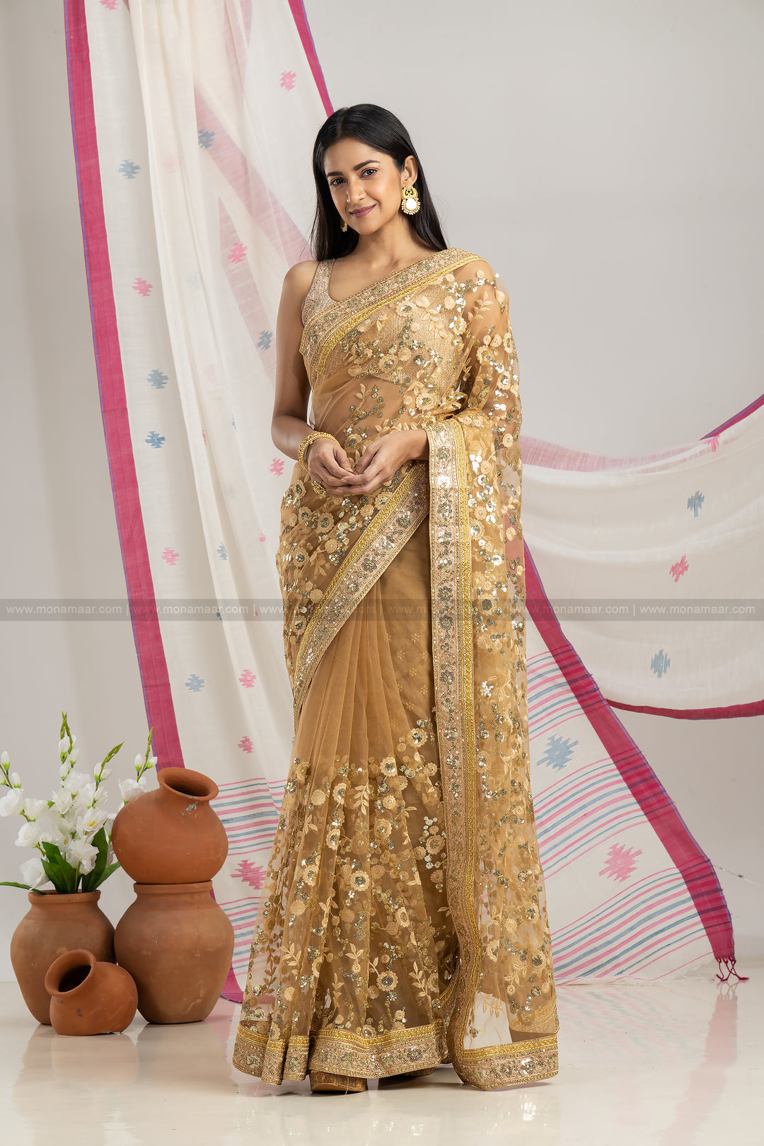 Golden Net Saree