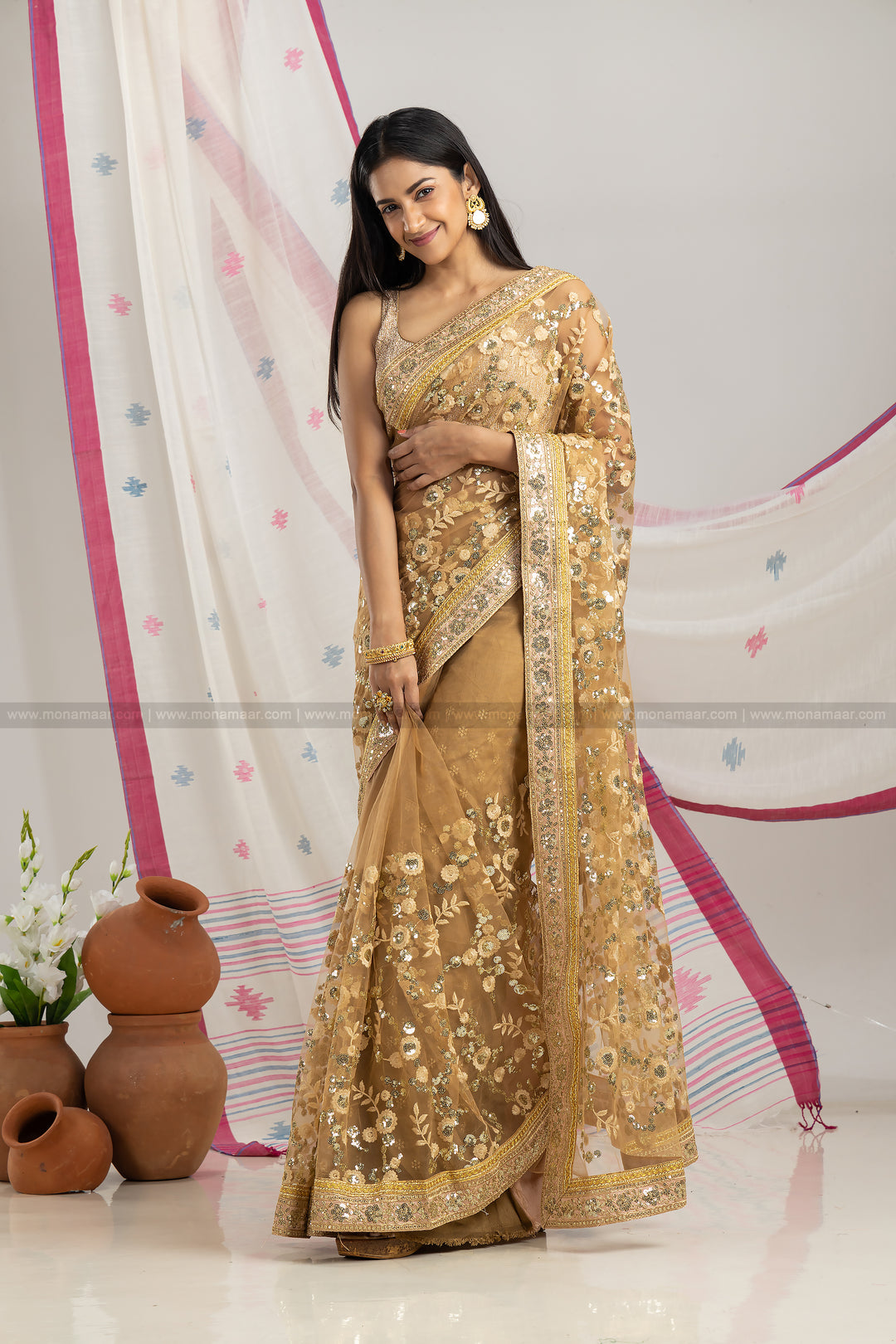 Golden Net Saree