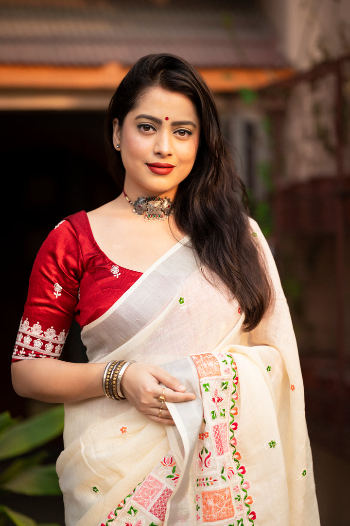 Excellent Thread - Embroidered Linen Saree