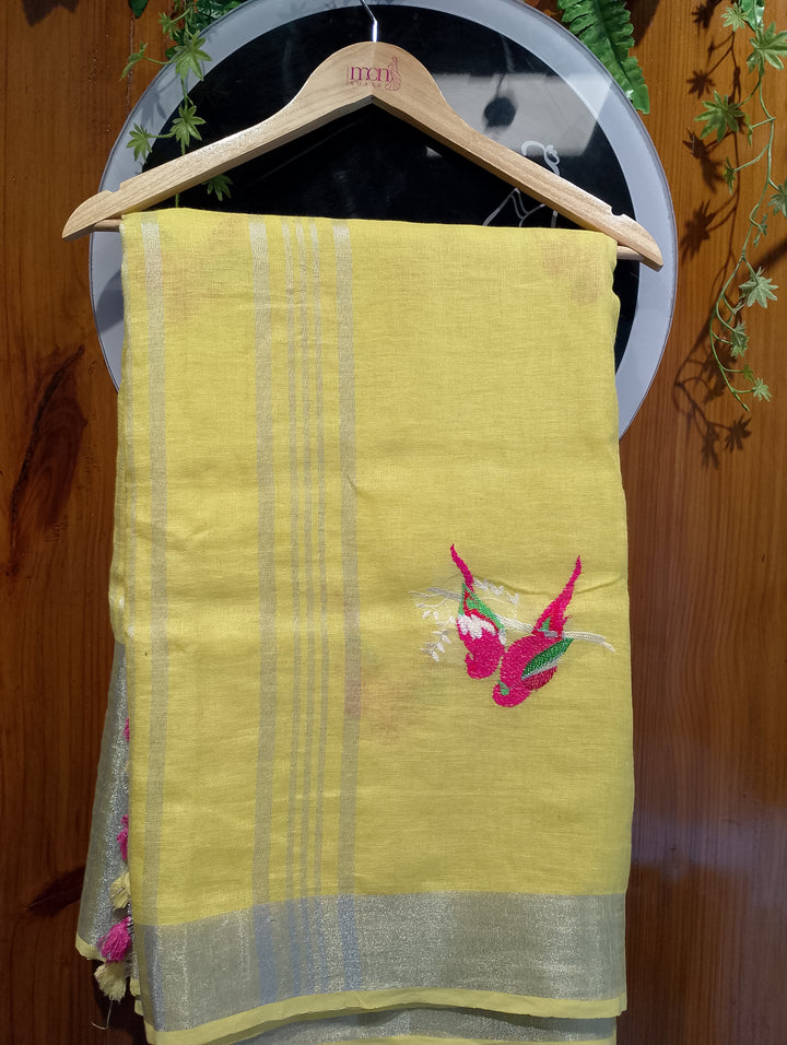 Exclusive Pure Handwoven Parrot Embroidered Linen Saree