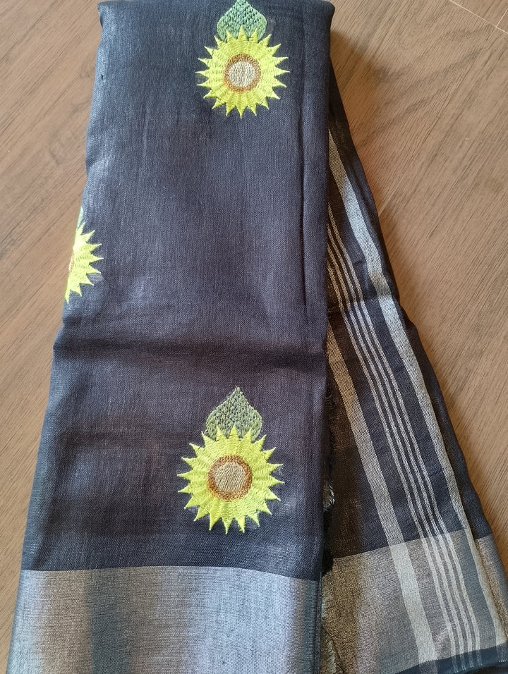 Exclusive Pure Handwoven Sunflower Embroidered Linen Saree