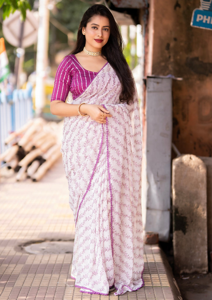 With White - Designer Georgette Leheriya Saree(pink)