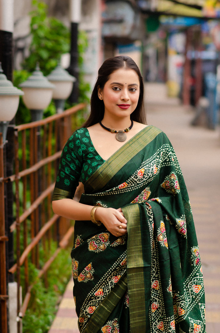 Rooting For Batik - Silk Saree(Green)