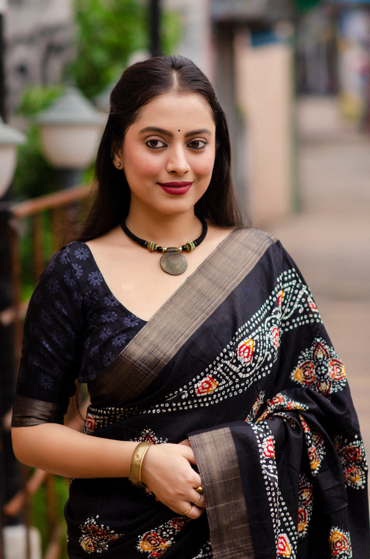 Rooting For Batik-Silk Saree(Black)