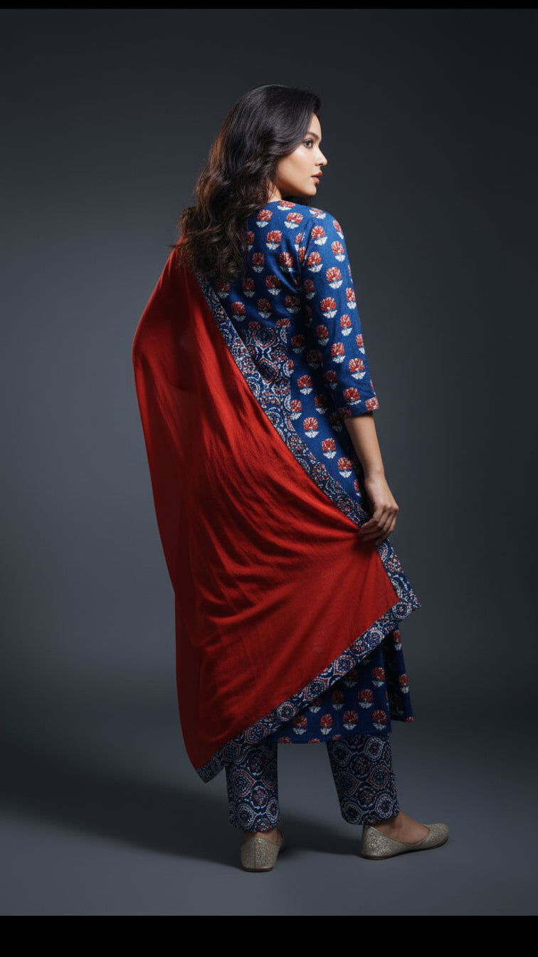 Blue Frame- Ajrakh Cotton Kurti Set