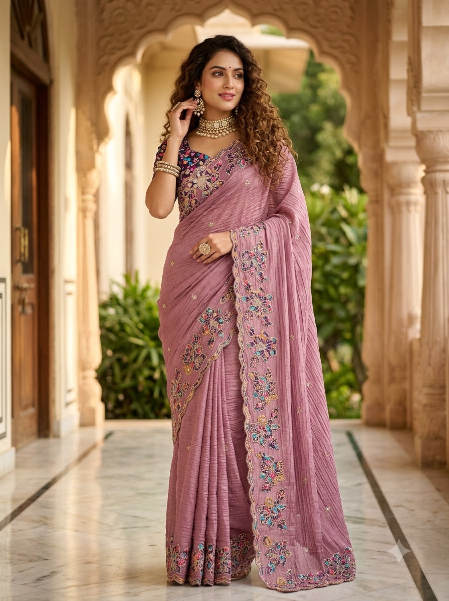 Gulbahar Soft Crush Applique Saree with Cutwork & Sequin Border