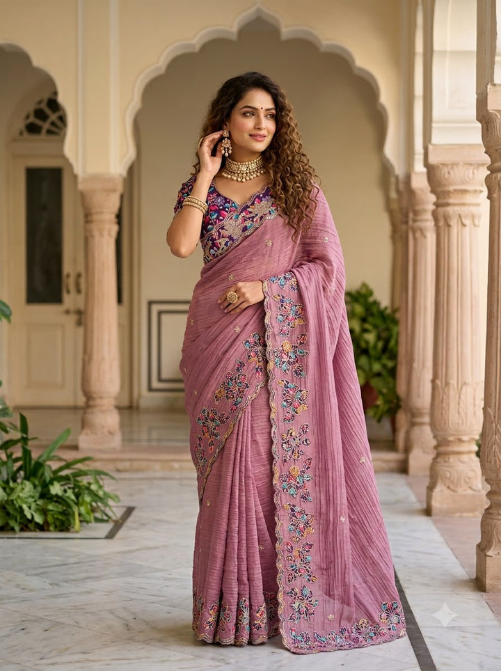 Gulbahar Soft Crush Applique Saree with Cutwork & Sequin Border