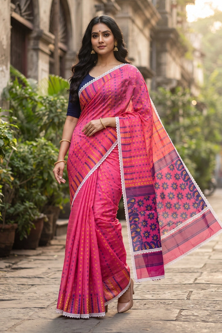 Binodini Bengal Jamdani Saree(Pink Blue)