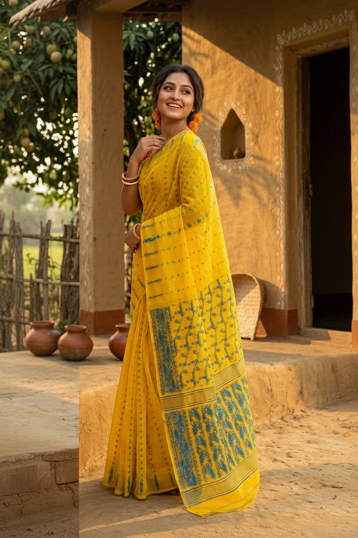 Shatarupa Bengal Jamdani Saree(Yellow And Blue)