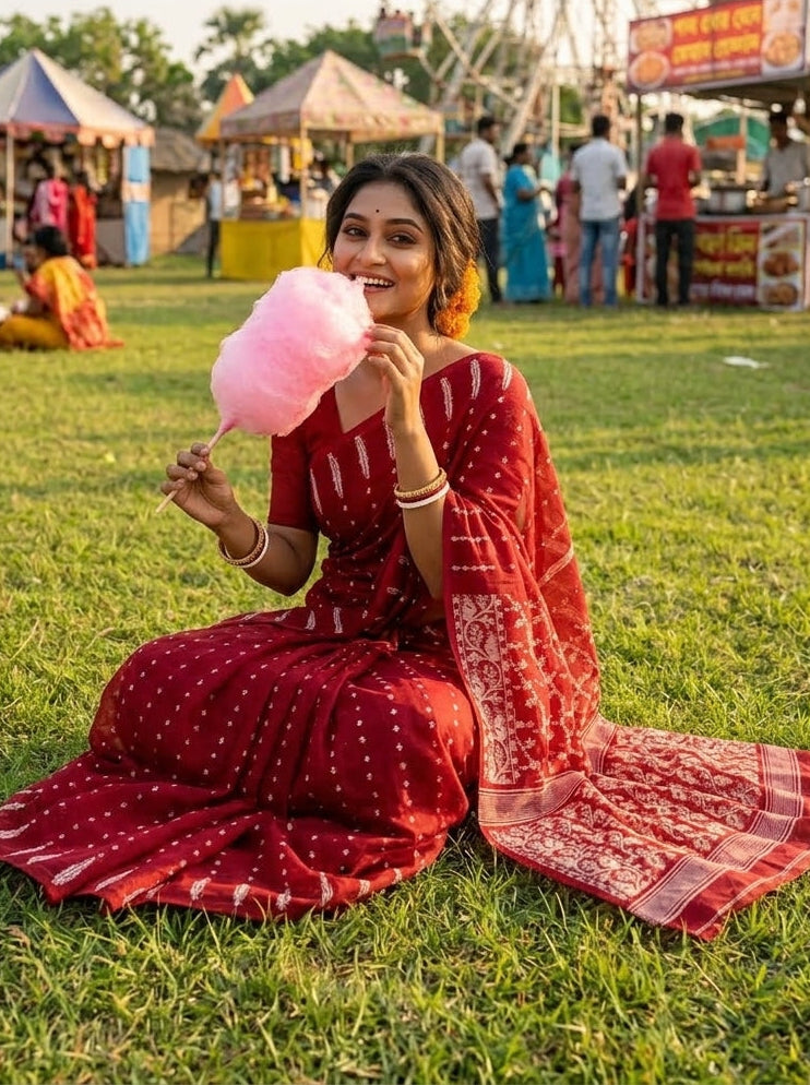 Shatarupa Bengal Jamdani Saree(Red)