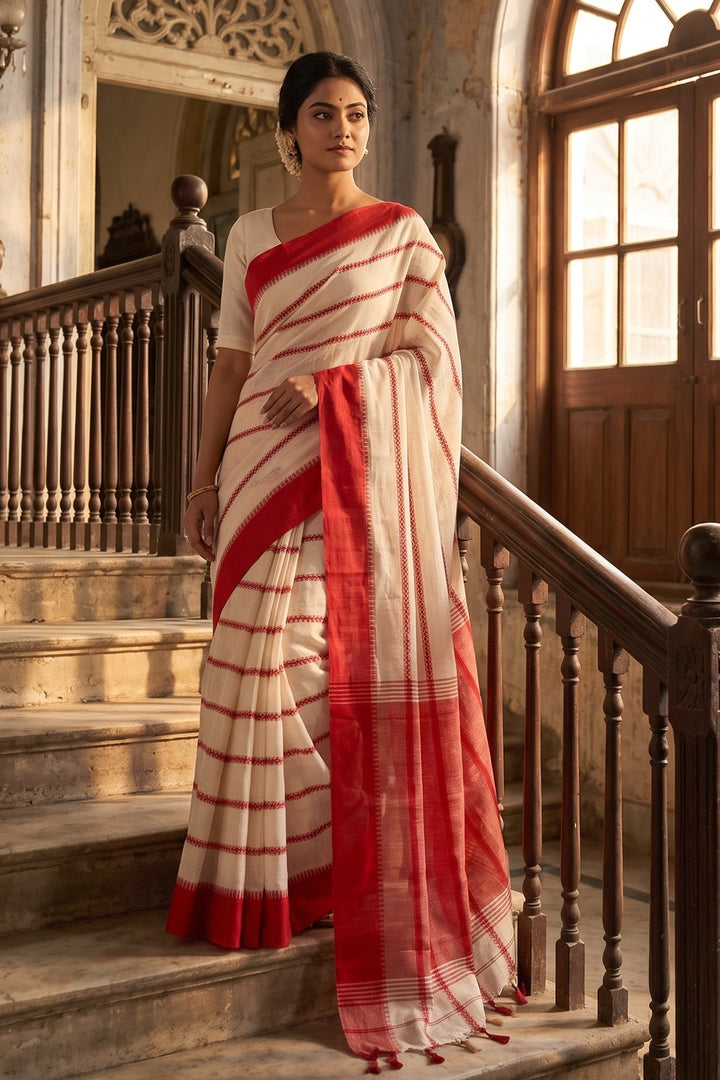 Shwetanjali Stripe Khadi Saree