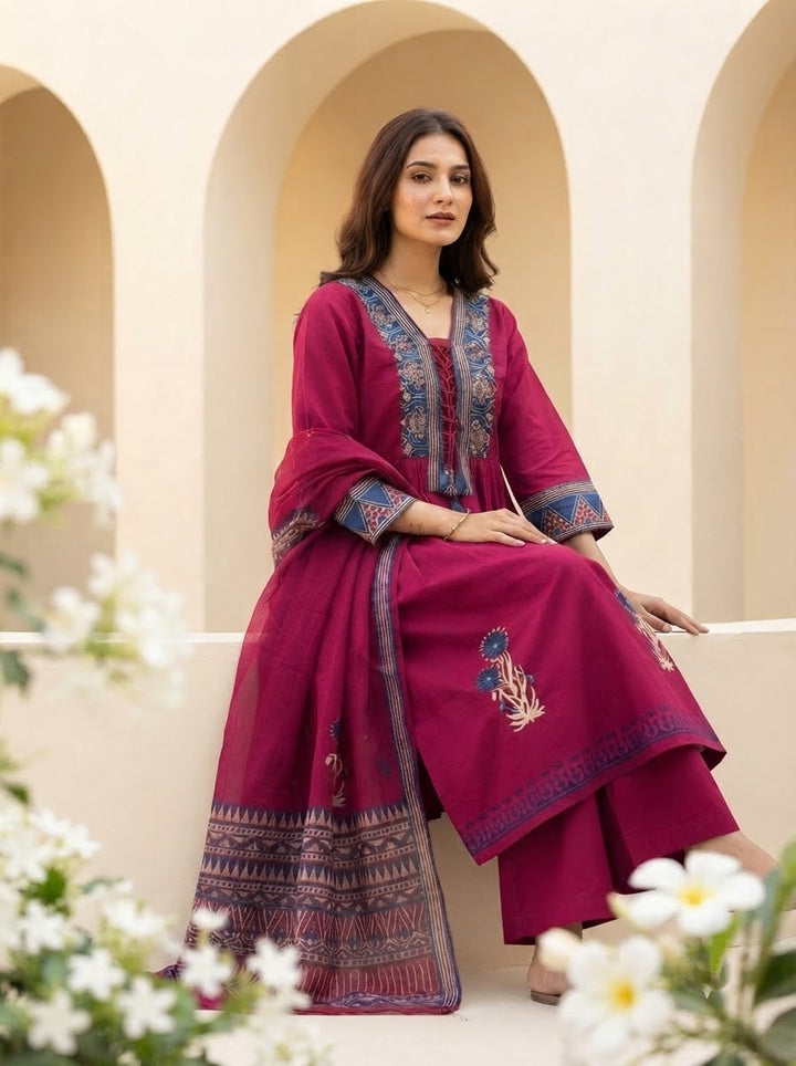 Aura Bloom - Cotton 3 Piece kurti Set