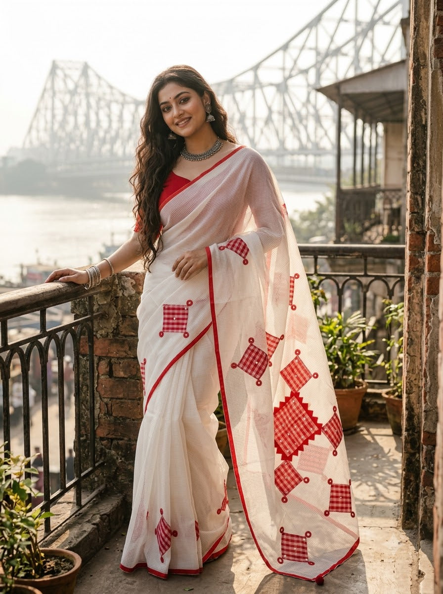 Kolkata Katha Kota Applique Saree with Mirror Work