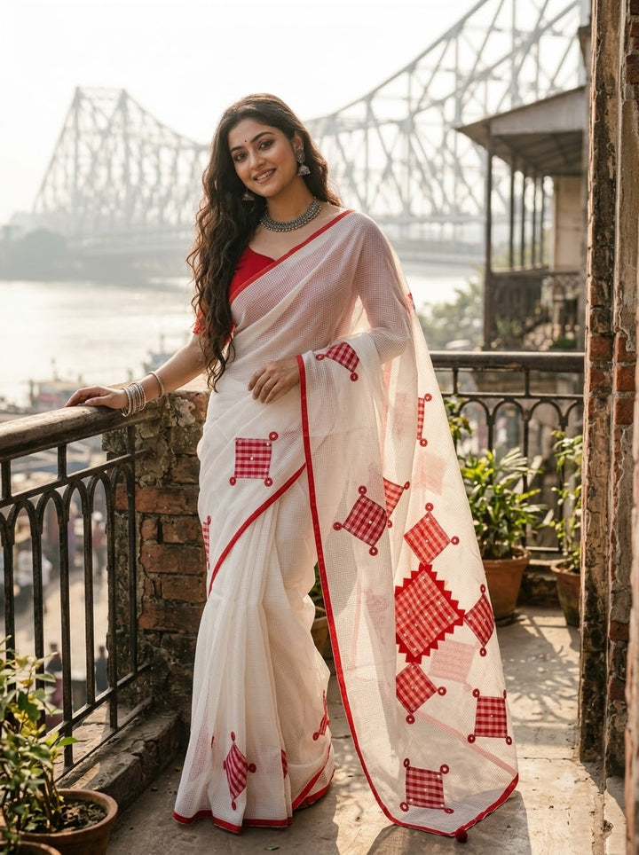 Kolkata Katha Kota Applique Saree with Mirror Work