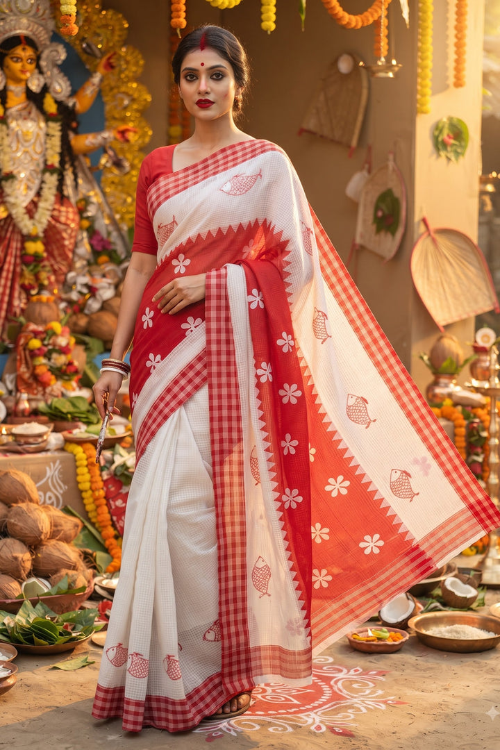 Matsyarekha Reshom Kota Saree With Applique Embroidery work