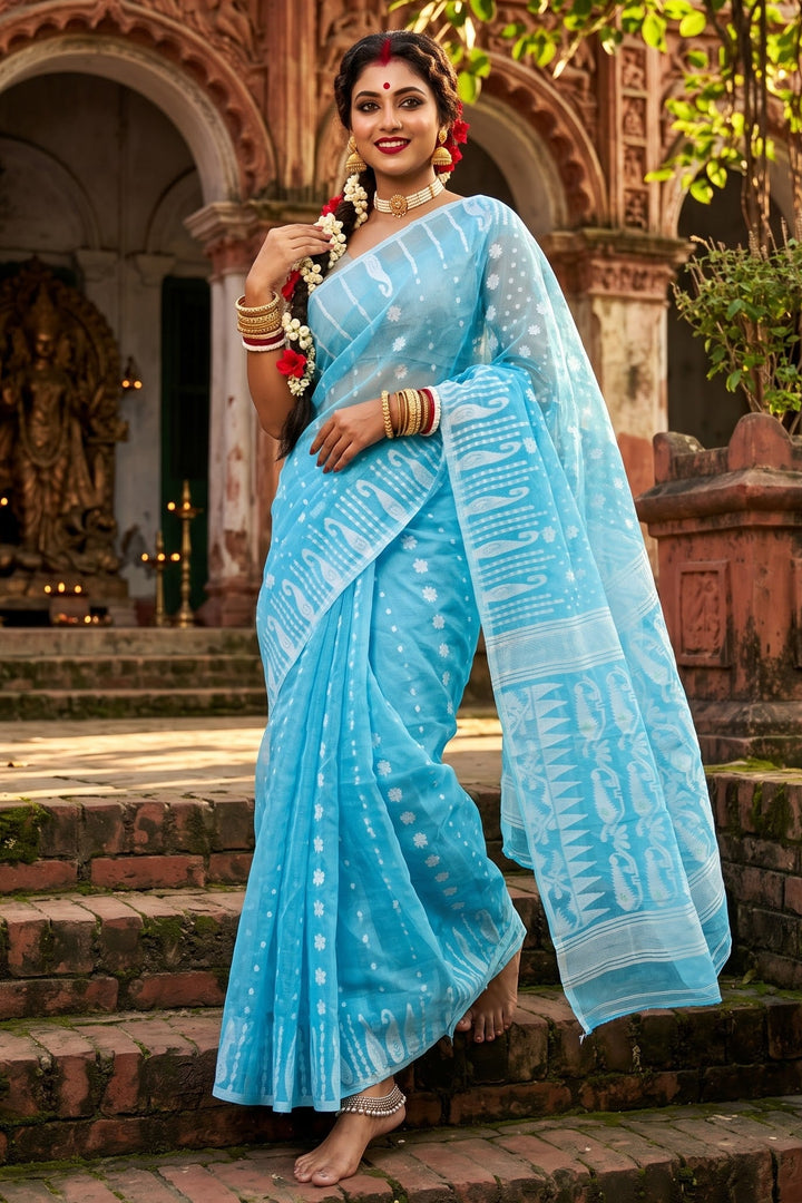 Moner Alo-Bengal Jamdani Saree (Light Sky)