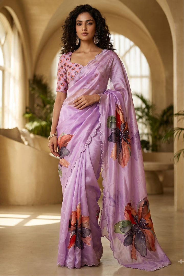 Noore Luxe – Premium Fendy Satin Digital Print Saree with Intricate Handwork