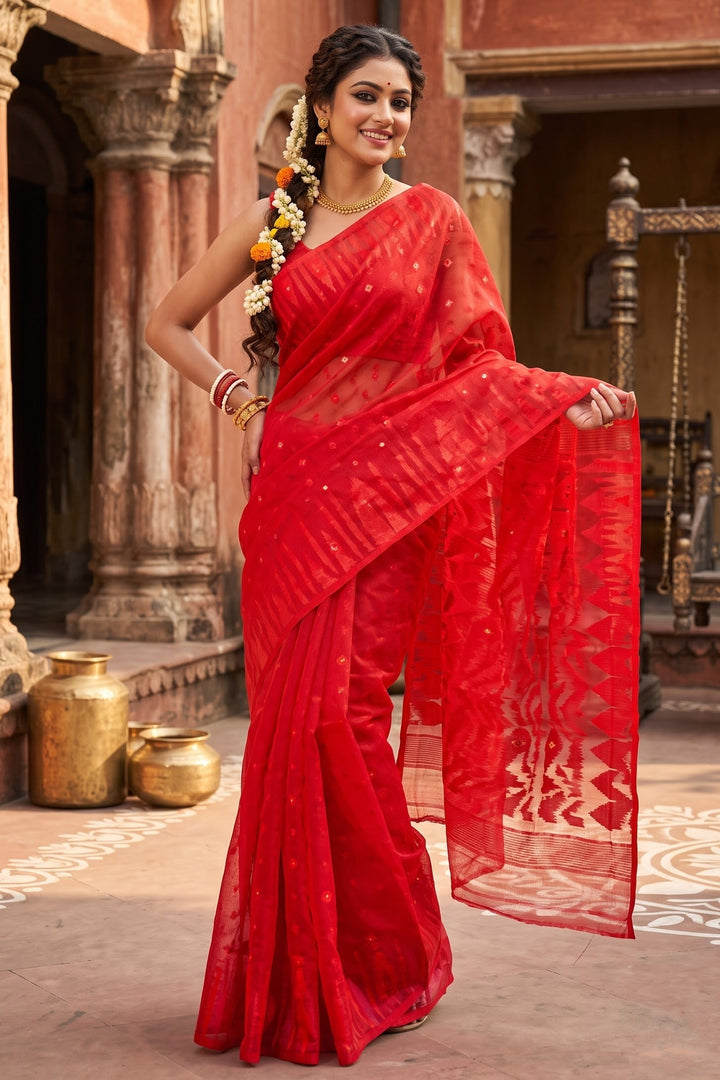 Moner Alo-Bengal Jamdani Saree (Bright Red)