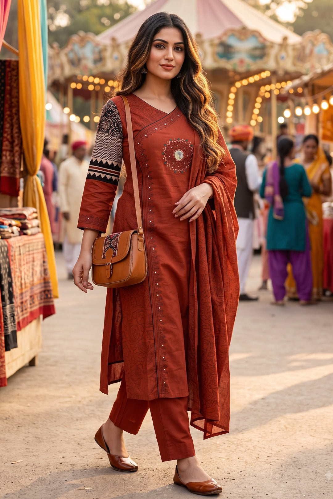 Anvee Cotton Kurti Set(Orange)