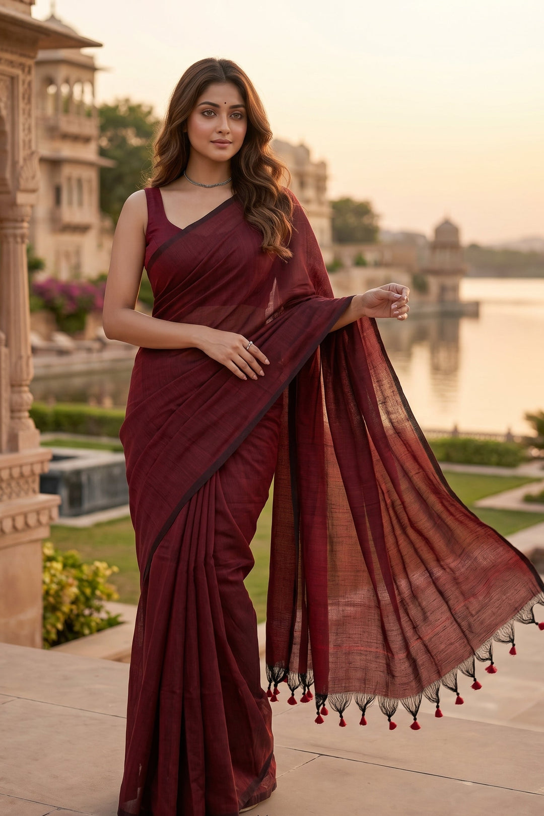 Bengal Khadi Saree Maroon