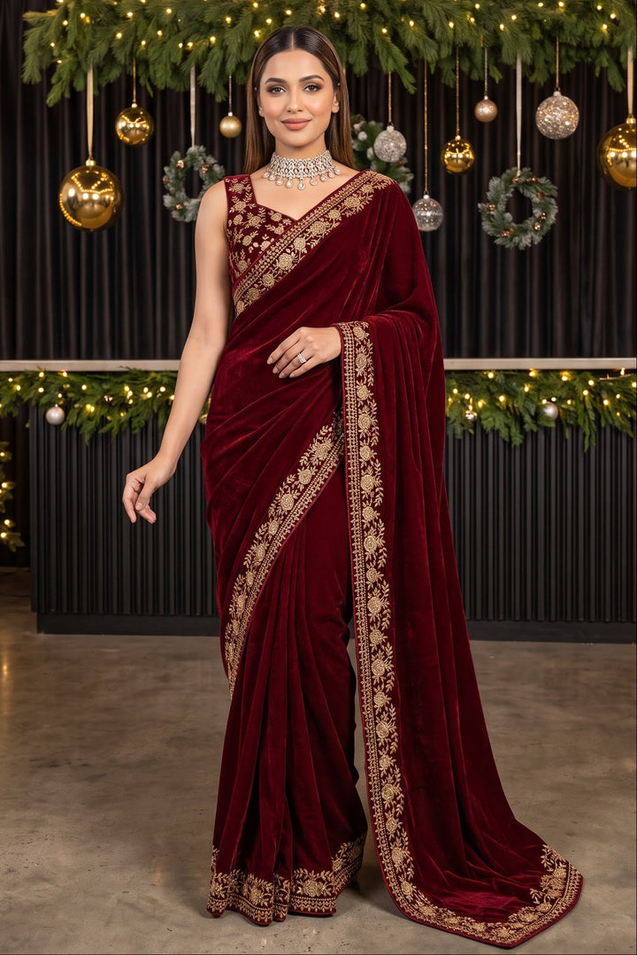 Silence of Luxury Viscose Velvet Sequin Embroidered Saree