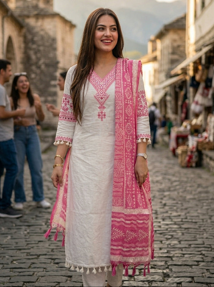 Snow Pink Hills Cotton Kurti Set