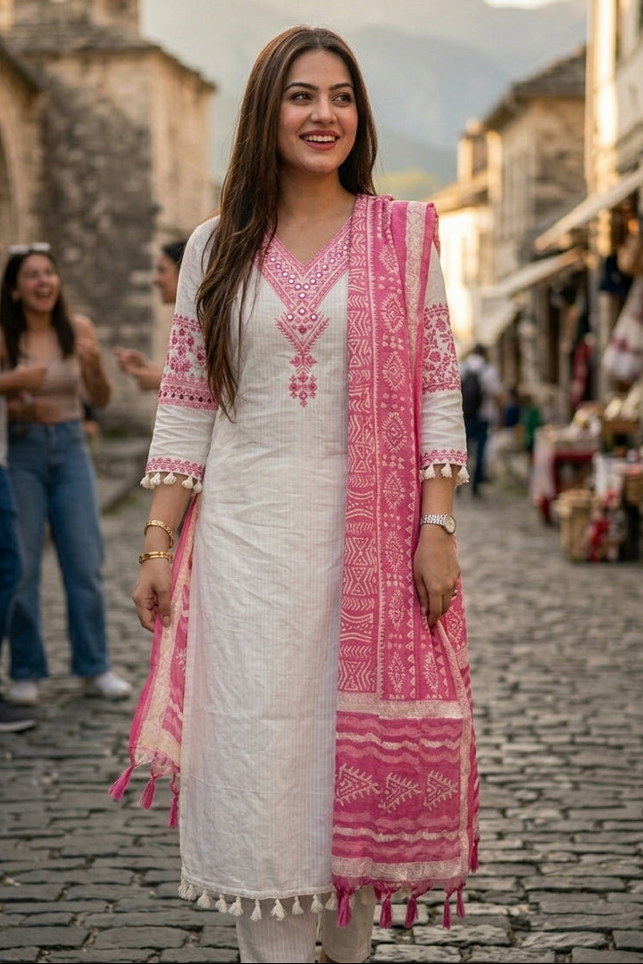 Snow Pink Hills Cotton Kurti Set