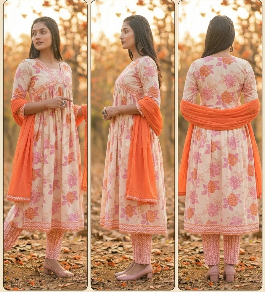 White Pink Floral Anarkali Kurti Set